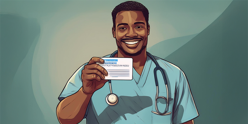 A doctor smiles while holding a white insurance card.