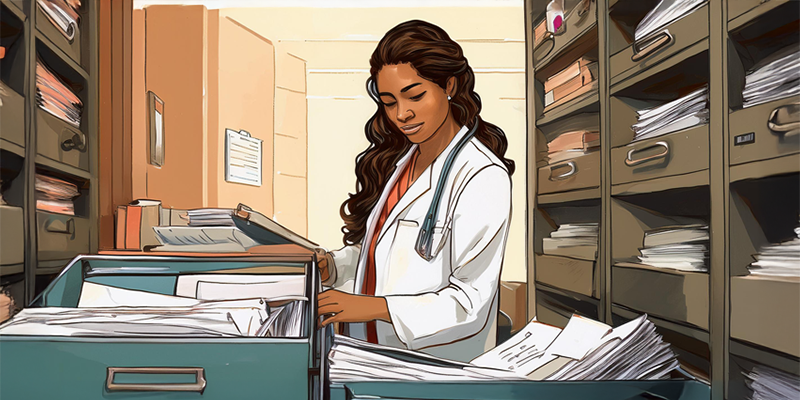 A woman working in a home health office review documents in a filing cabinet.