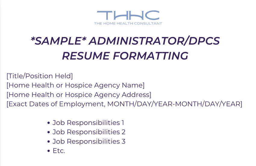 A sample DPCS or administrator resume for home health or hospice agencies.
