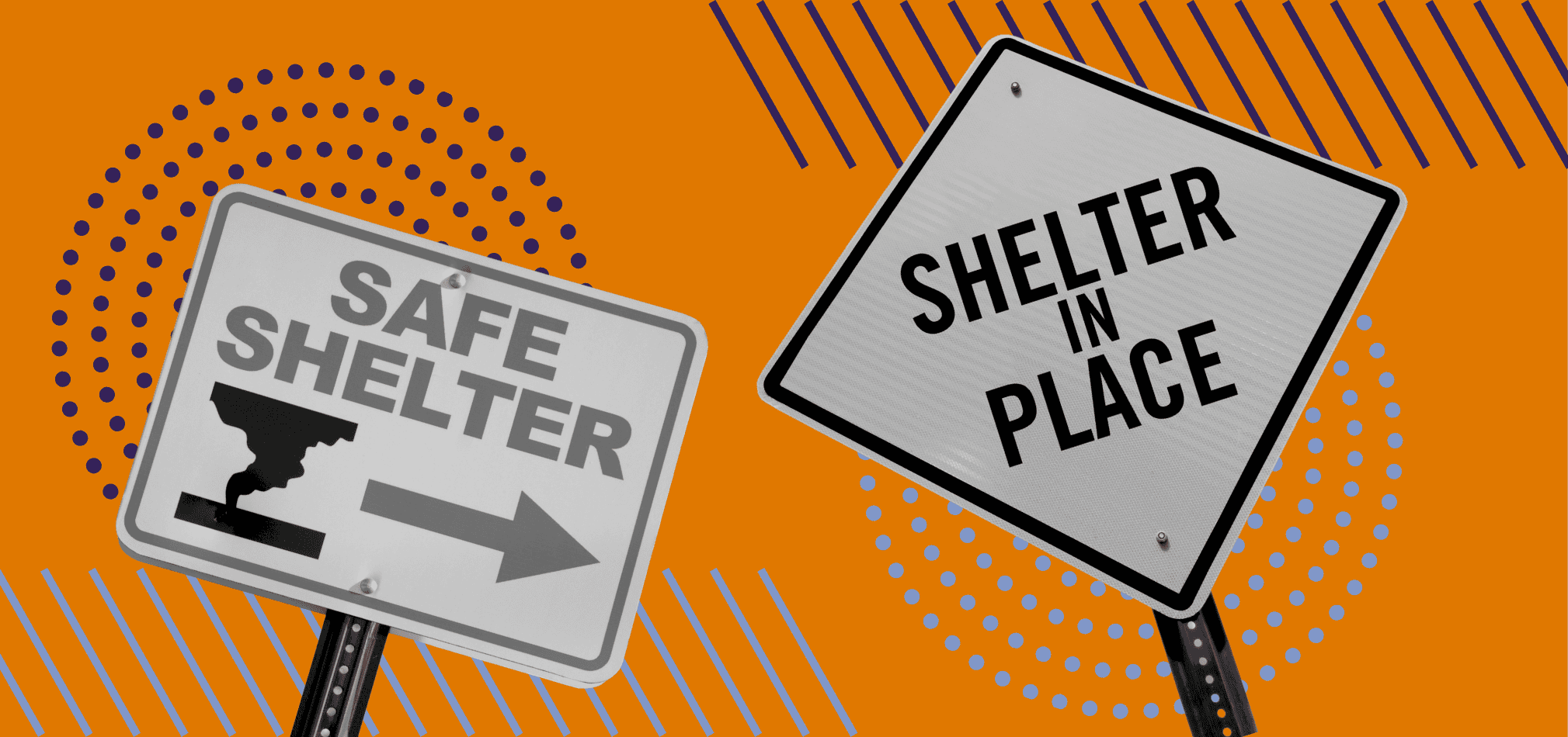 Signage shows what emergency shelter signs can look like in different types of emergencies.