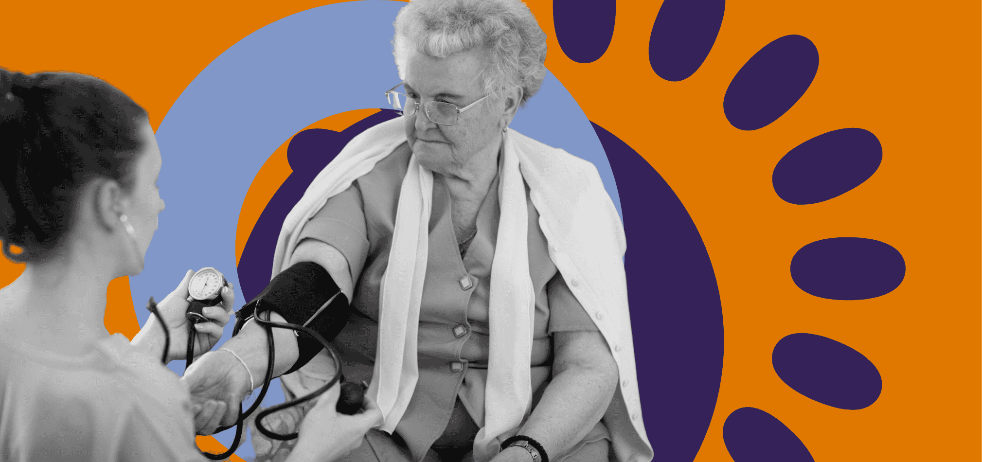 A home health nurse takes an eligible patient's blood pressure.