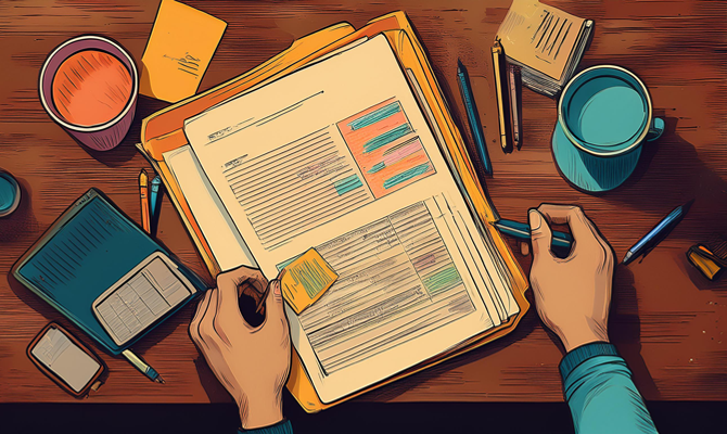 A home health administrator reviews patient charts on their desk.