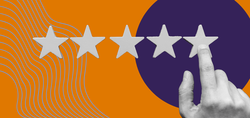 A hand pressing a 5 star review symbolizes that star ratings can change, but they're not always immediate reflective of home health agency changes.