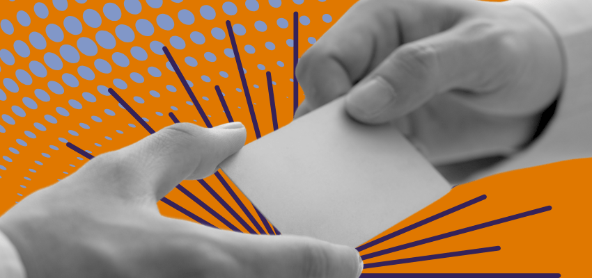 A hand passing a business card to a prospective referrer symbolizes how higher star ratings can indirectly and directly affect Medicare reimbursement rates.