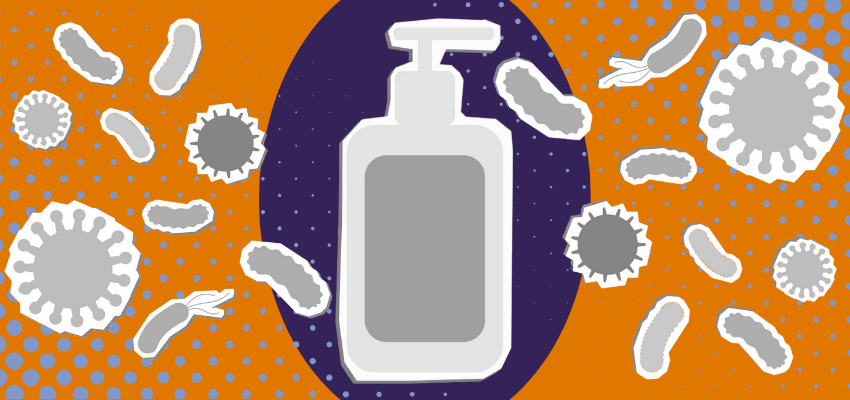 A bottle of soap and germs symbolizes how home health and hospice agencies can strengthen their infection control programs.