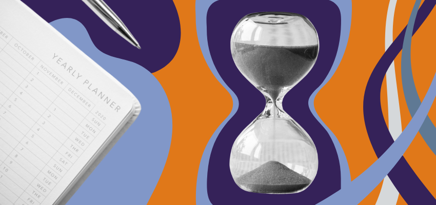 A yearly planner and an hour glass symbolize the 36-month rule in home health and hospice.