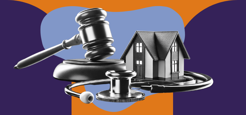 A gavel, stethoscope, and house represent the laws and regulations home health and hospice agencies must adhere to when marketing.